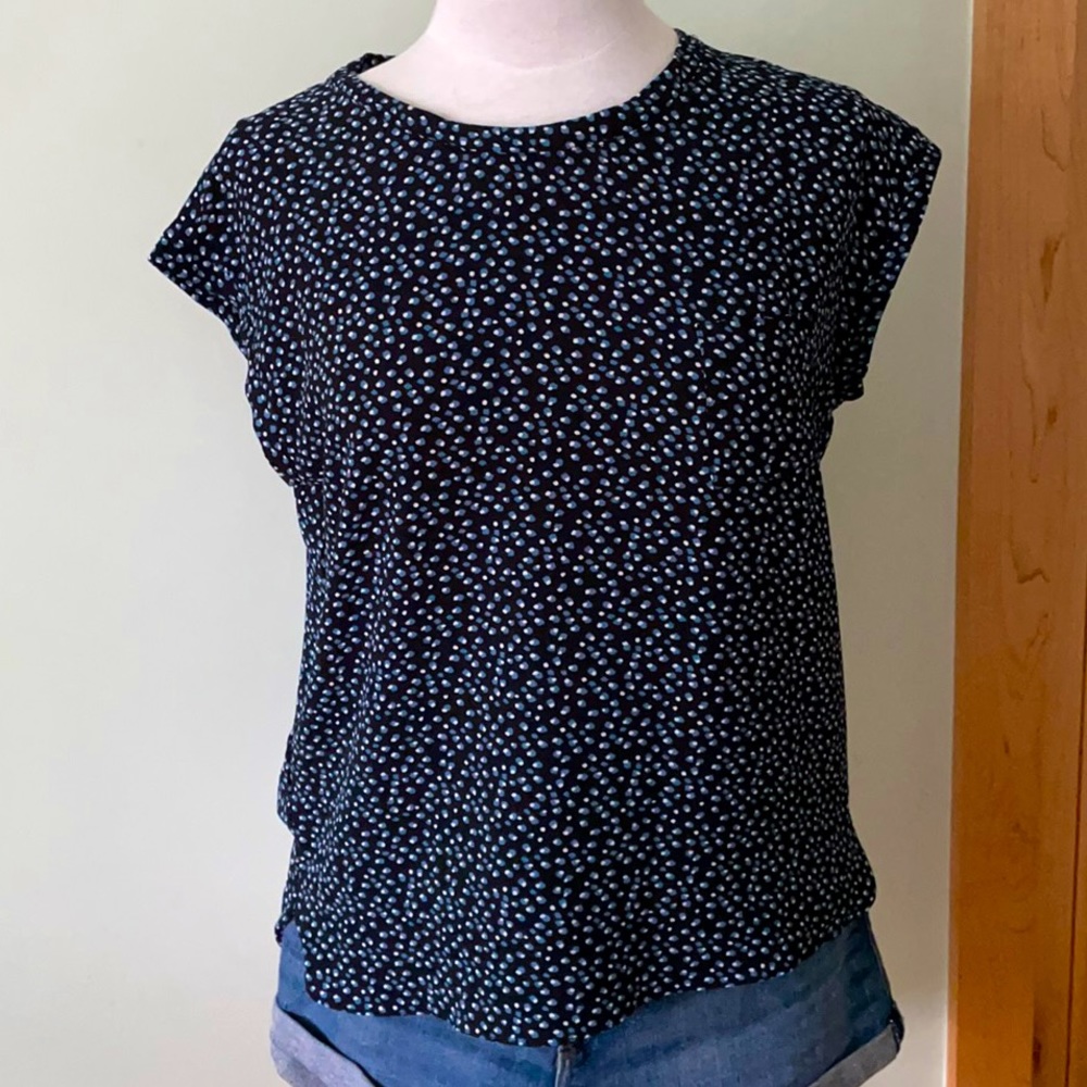 MANGO Navy Blue Crew Neck Top With White & Light Blue Specs, Size XS
